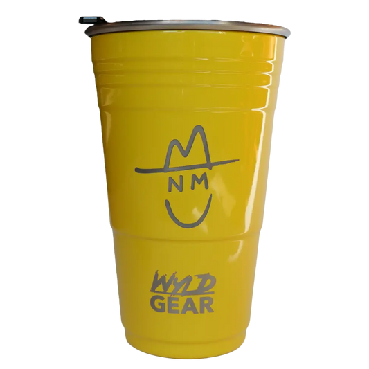 Yellow cup with a logo.