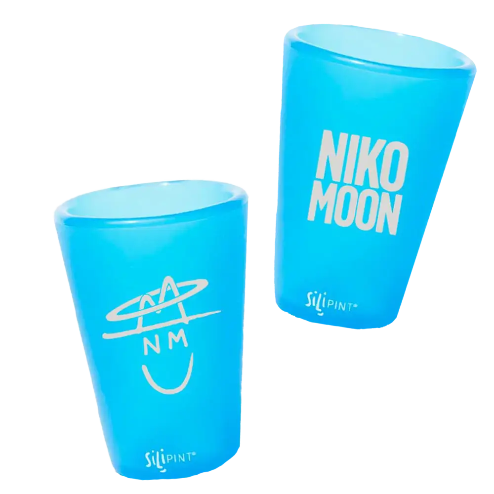 Two bright blue plastic cups with white text and designs printed on them.