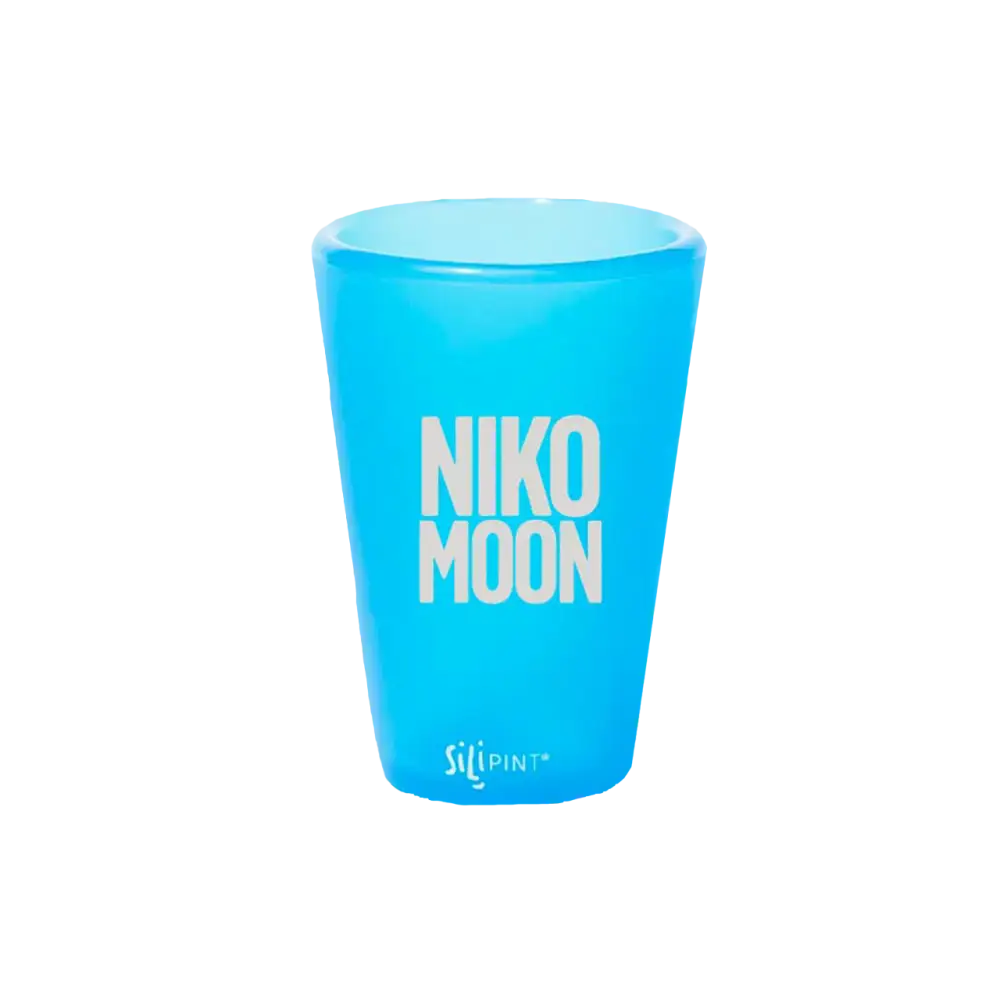 Bright blue plastic cup with ’NIKO MOON’ printed in white text.