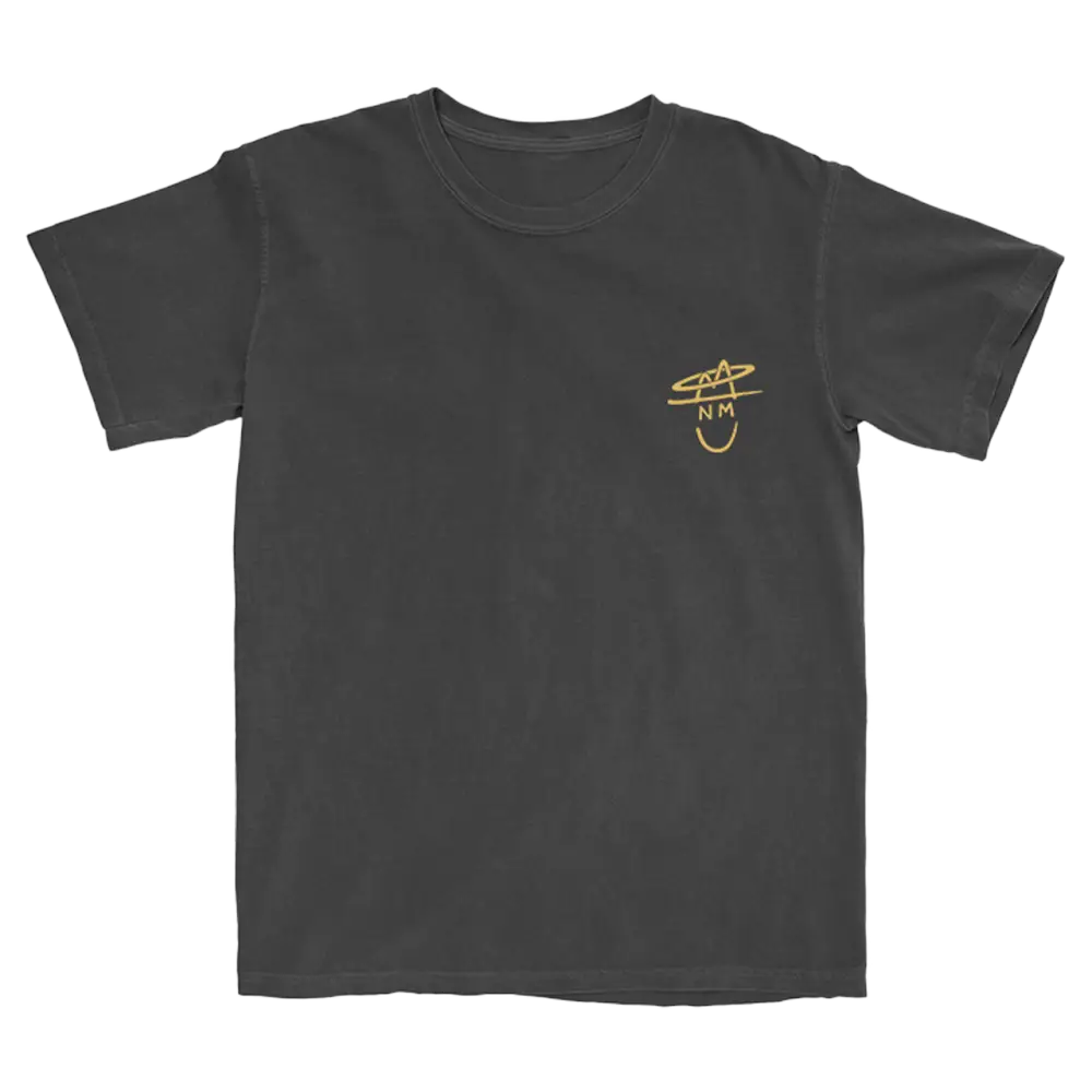 Dark gray t-shirt with a small yellow graphic design on the chest.
