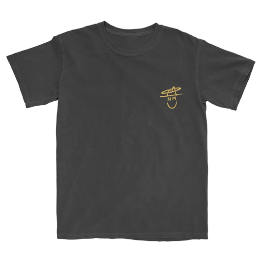 Dark gray t-shirt with a small yellow graphic design on the chest.