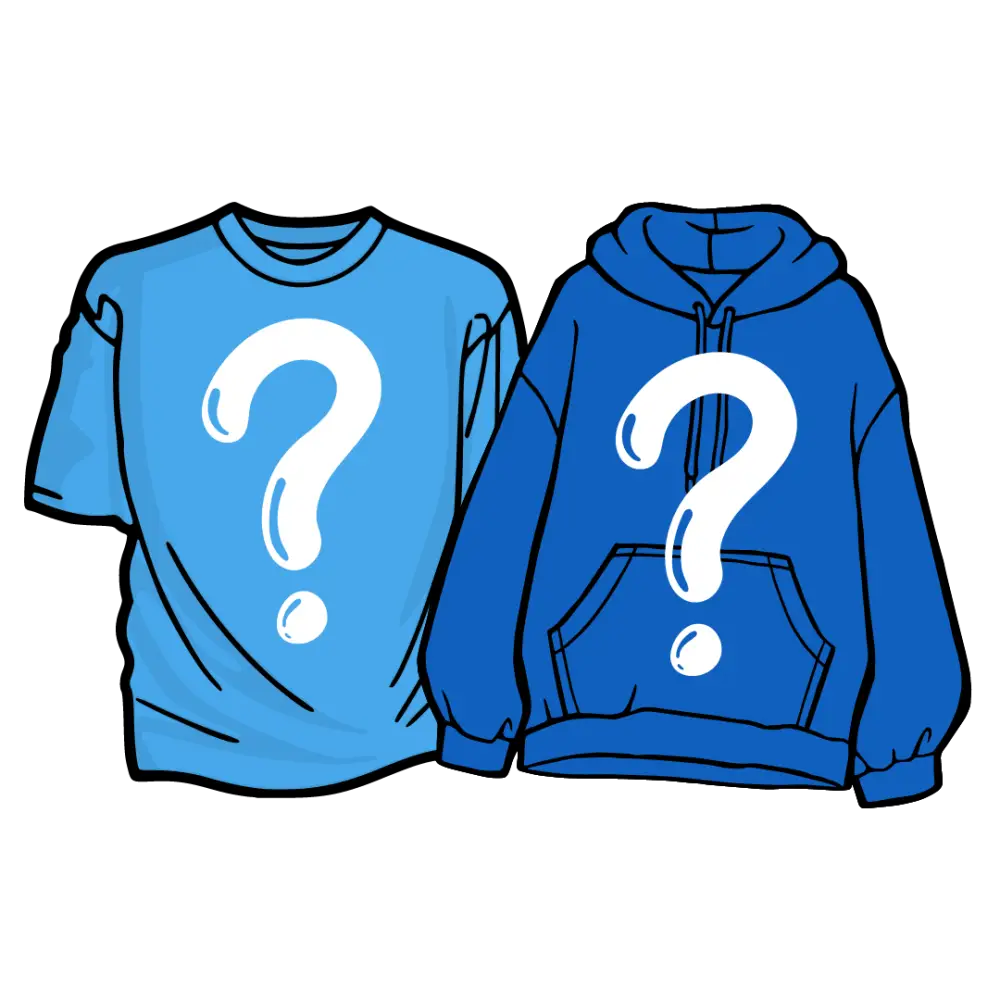 Two blue garments with white question mark designs: a t-shirt and a hoodie.