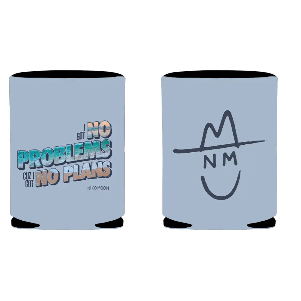Pair of light blue drink koozies with different designs on each side.