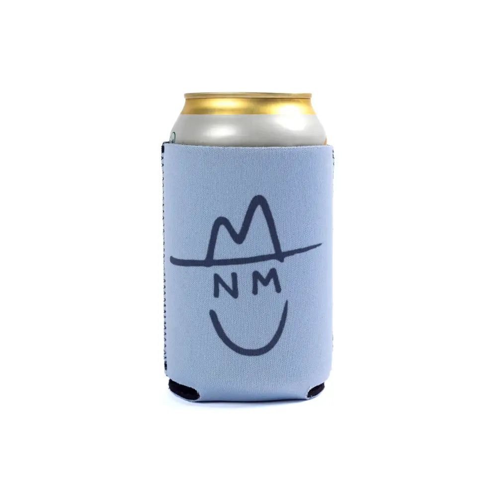 Light blue foam can cooler with a smiling cowboy face design.
