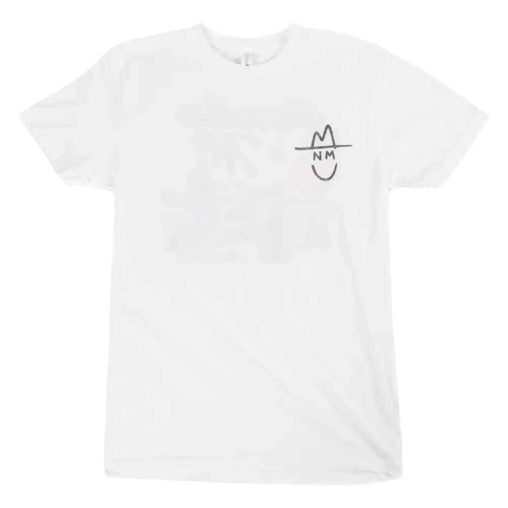 White t-shirt with a small minimalist graphic design on the chest.