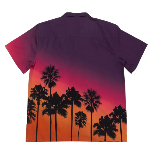 Purple short-sleeved hawaiian shirt with a gradient sunset design featuring black palm tree silhouettes.