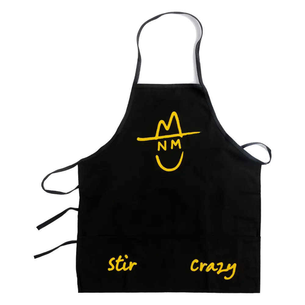 Black apron with yellow smiley face logo and text.