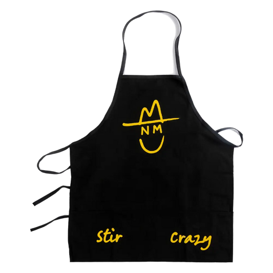 Black apron with yellow smiley face logo and text.