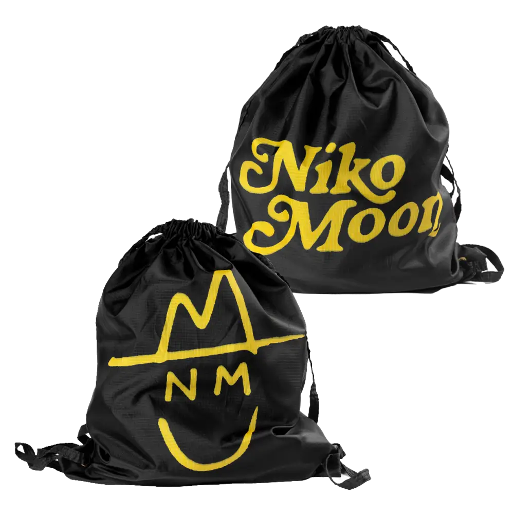 Two black drawstring bags with yellow ’Niko Moon’ branding.