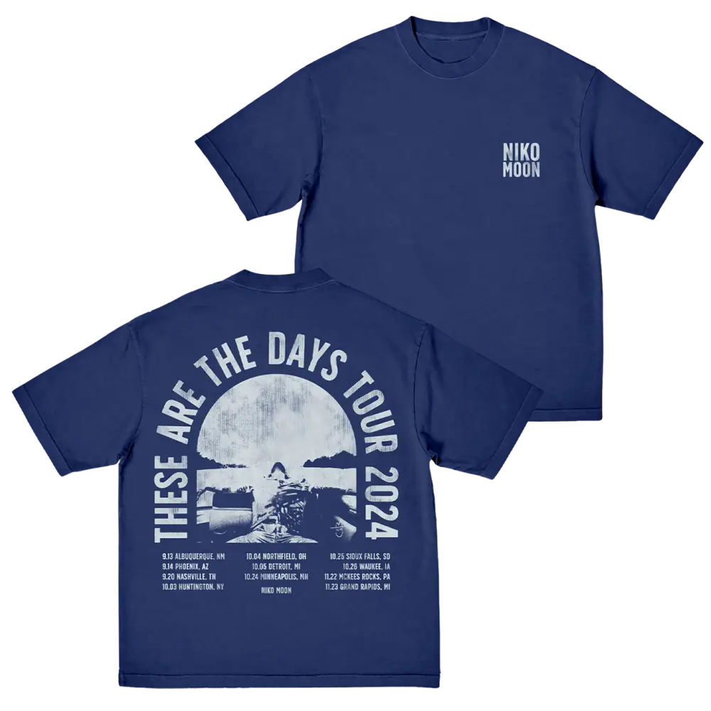 Navy blue t-shirt with moon-themed graphic and text on the back.