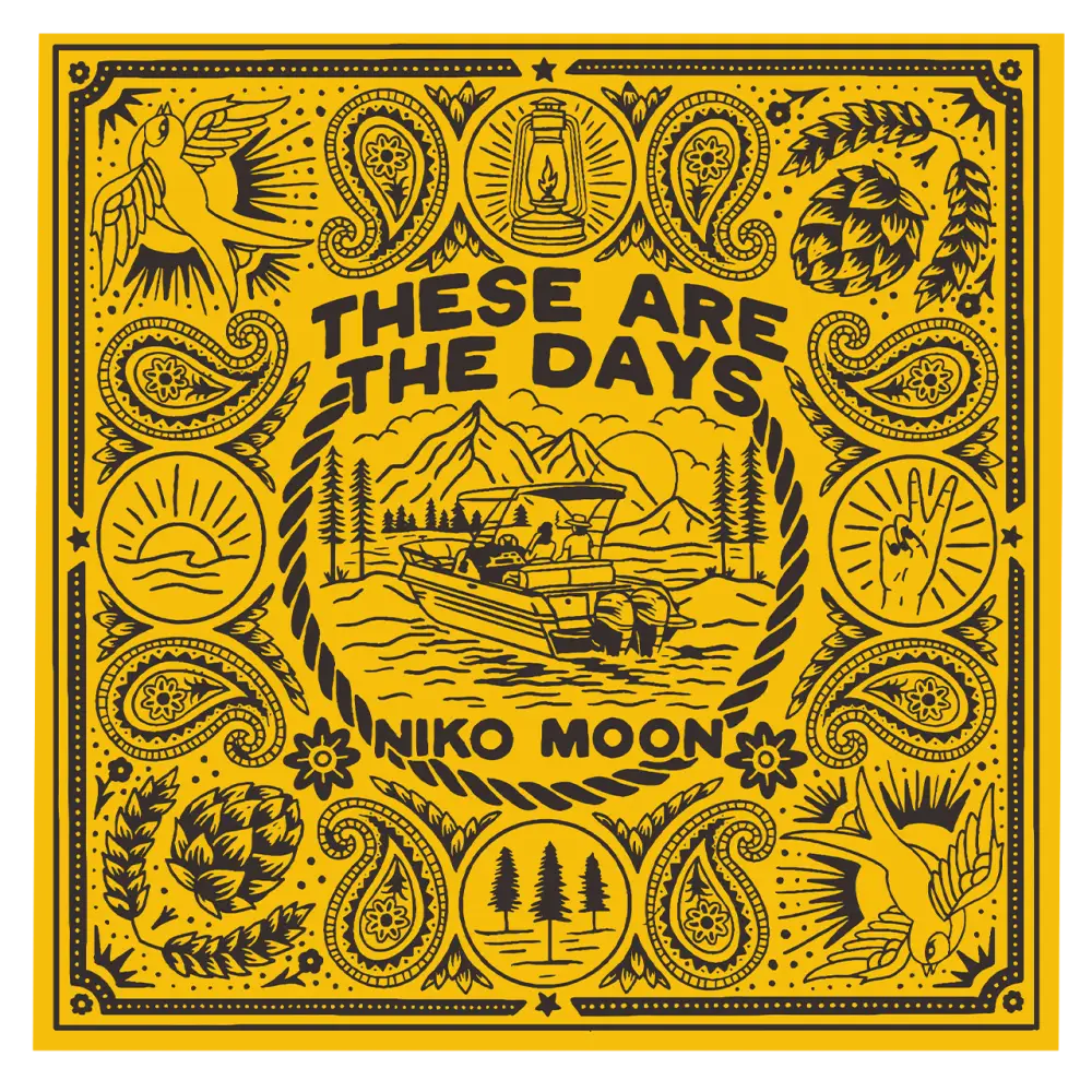 Album cover design for ’These Are The Days’ by Niko Moon featuring intricate folk art-style illustrations surrounding a central camping scene.