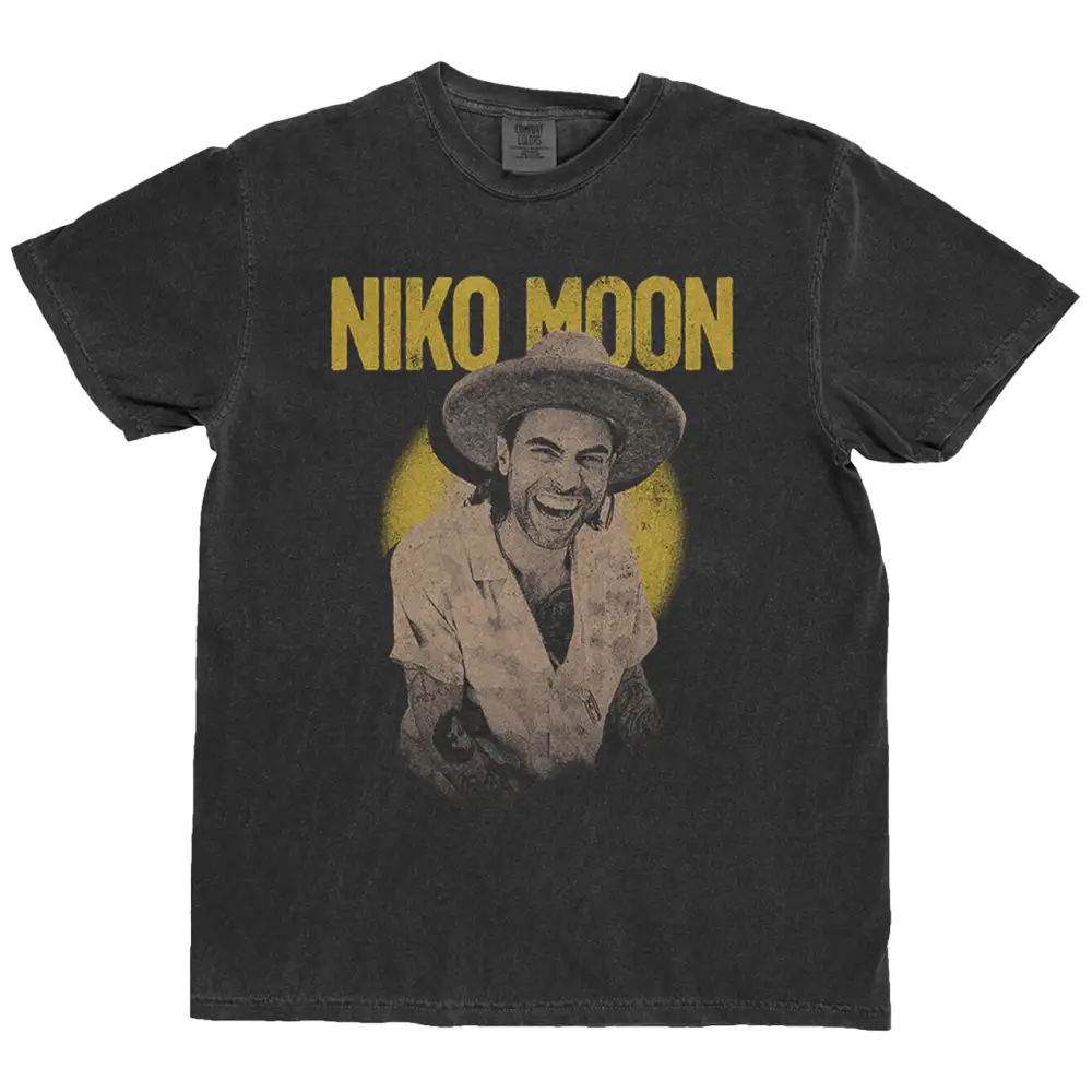 Dark gray t-shirt featuring a vintage-style portrait and the text ’NIKO MOON’ in yellow lettering.