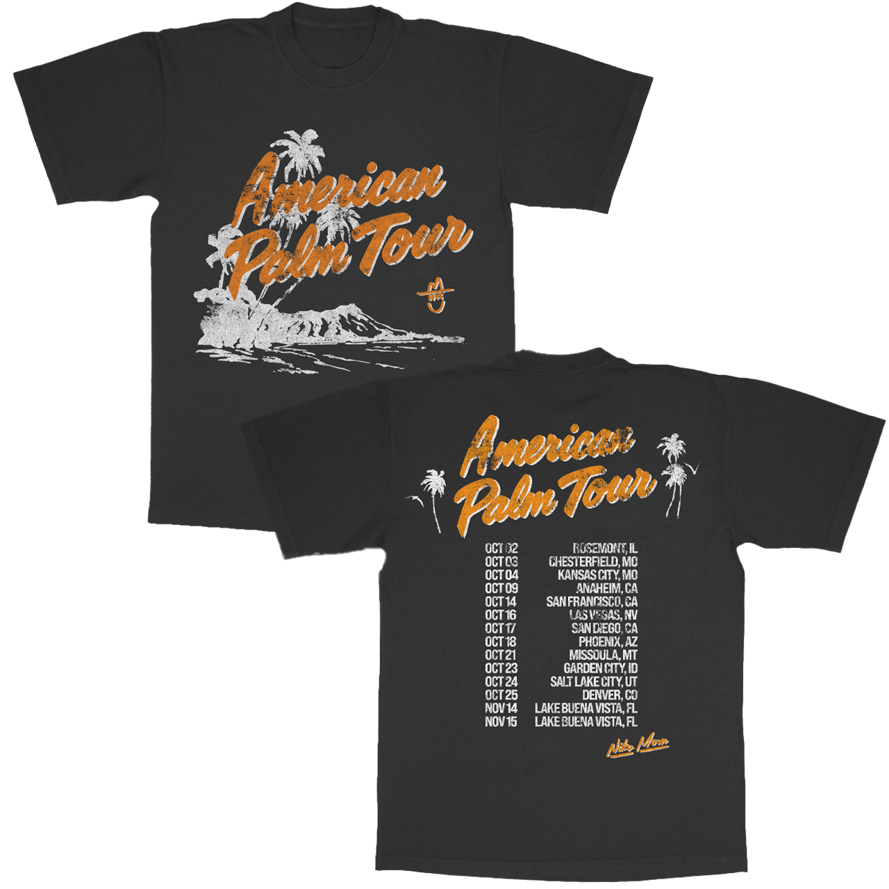 Black t-shirt with 'American Palm Tour' design on a white background