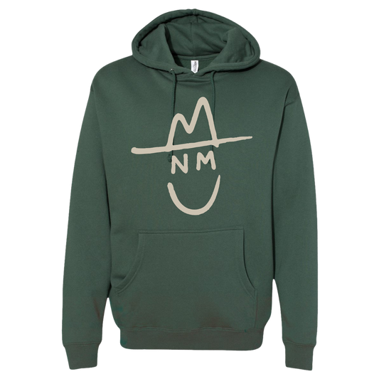 Green hoodie with a white graphic design on a white background
