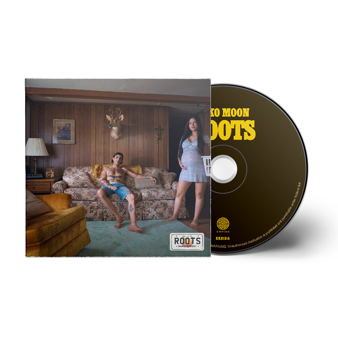 CD cover with a couple in a living room and 'Mo' Moon Roots' text.