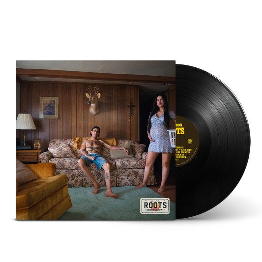 Vinyl record with a cover featuring a couple in a room, and the record itself on a white background.