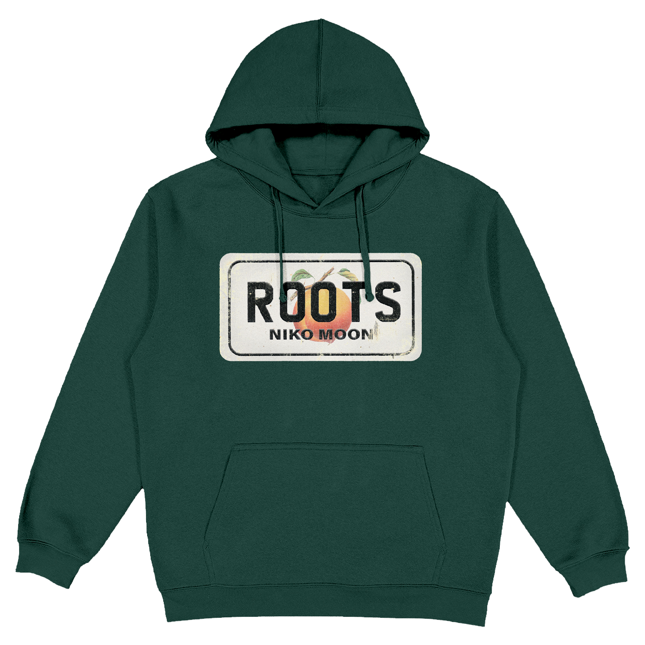 Green hoodie with 'ROOTS NIKO MOON' logo on a white background