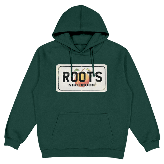 Green hoodie with 'ROOTS NIKO MOON' logo on a white background