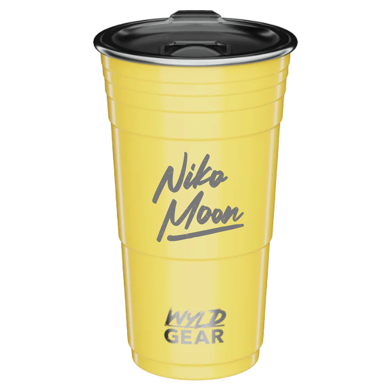 Yellow tumbler with black lid featuring 'Niko Moon' and 'Wild Gear' text on a white background