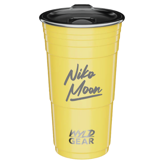 Yellow tumbler with black lid featuring 'Niko Moon' and 'Wild Gear' text on a white background