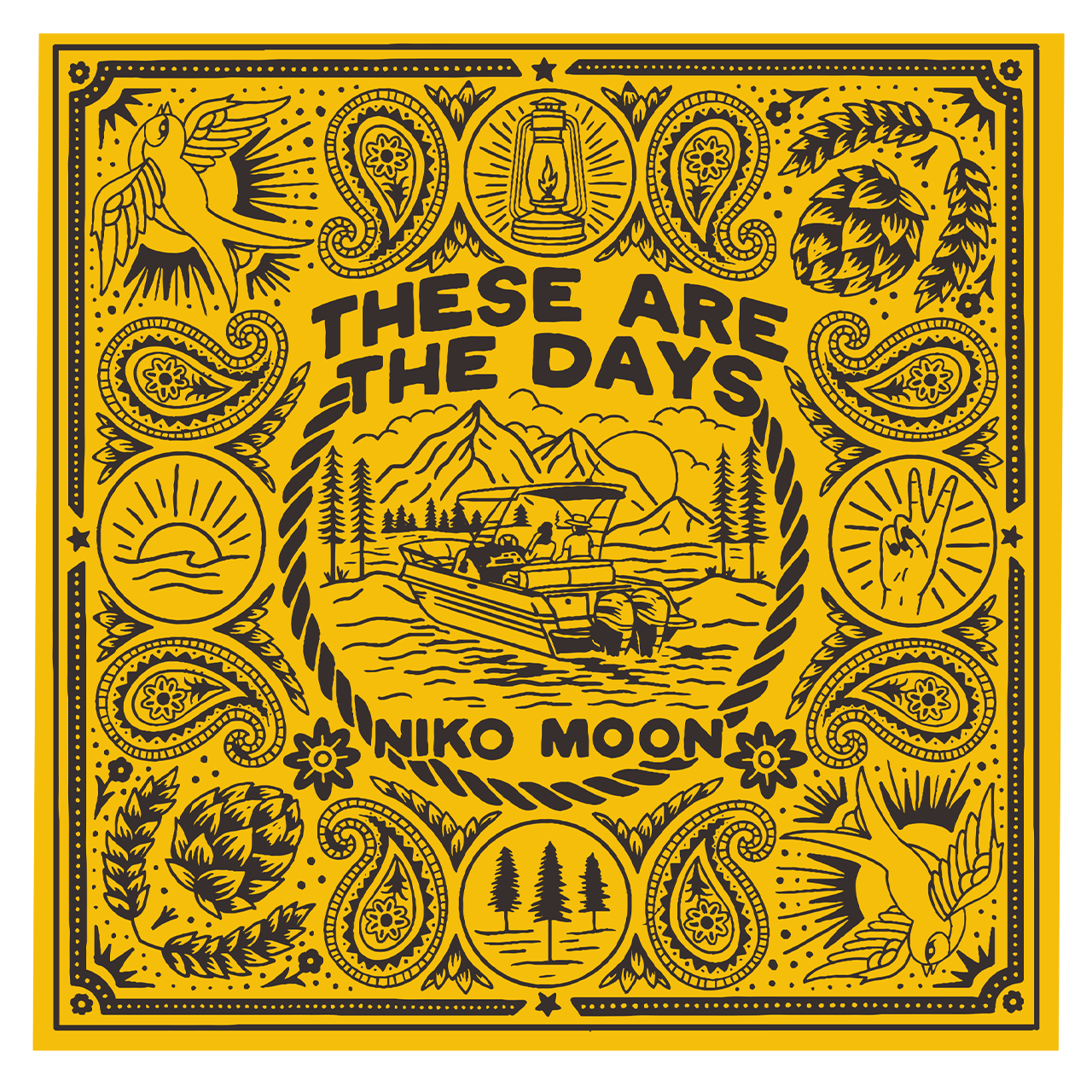 Album cover design for ’These Are The Days’ by Niko Moon featuring intricate folk art-style illustrations surrounding a central camping scene.