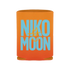 Orange drink koozie with ’NIKO MOON’ printed in light blue text.