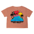 Peach-colored crop top t-shirt with a colorful cartoon heart surfing design on the back.