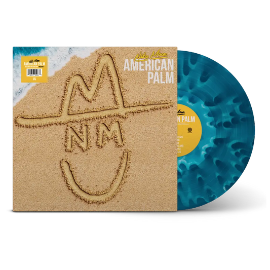 Blue translucent vinyl record with a yellow center label, partially visible beside its sandy-themed album cover.