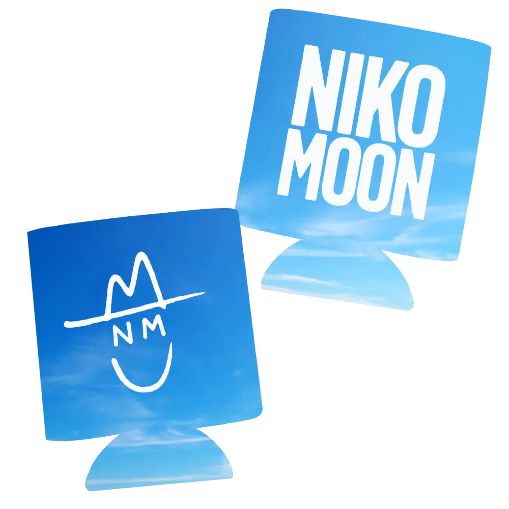 Two blue can coolers with ’NIKO MOON’ and a logo printed on them.