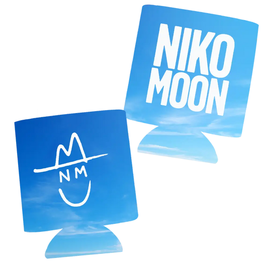 Two blue can coolers with ’NIKO MOON’ and a logo printed on them.