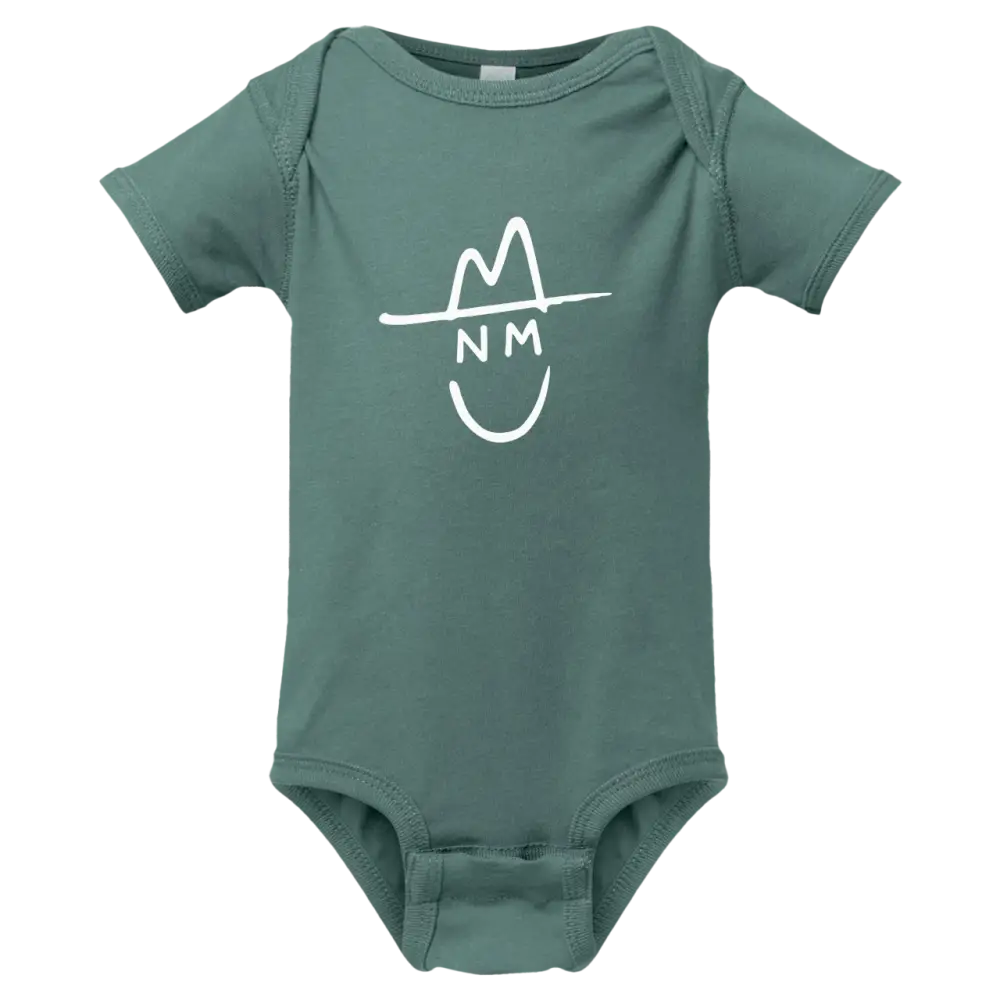 Teal-colored baby onesie featuring a white graphic of a smiling face wearing a hat with ’nm’ written below it.