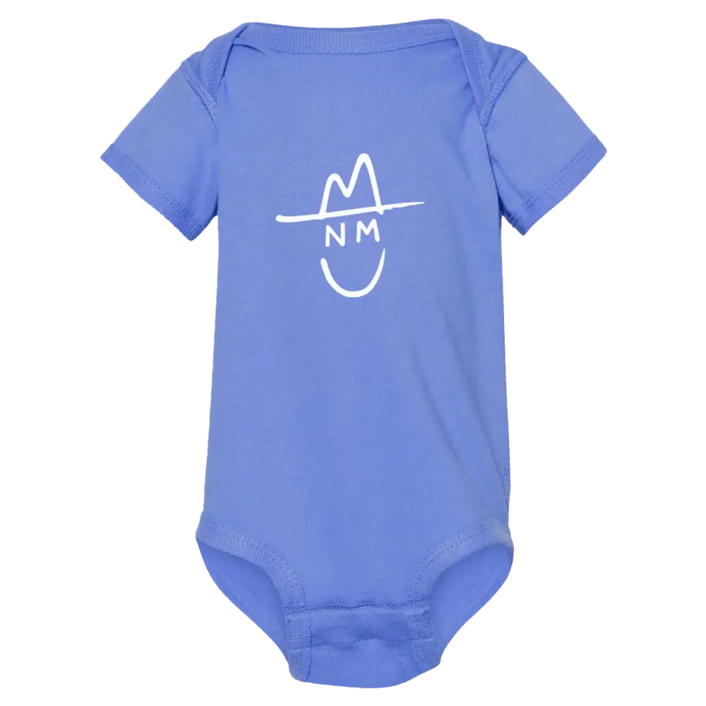 A soft blue baby onesie featuring a white graphic of a smiling face wearing a hat with ’nm’ written below it.