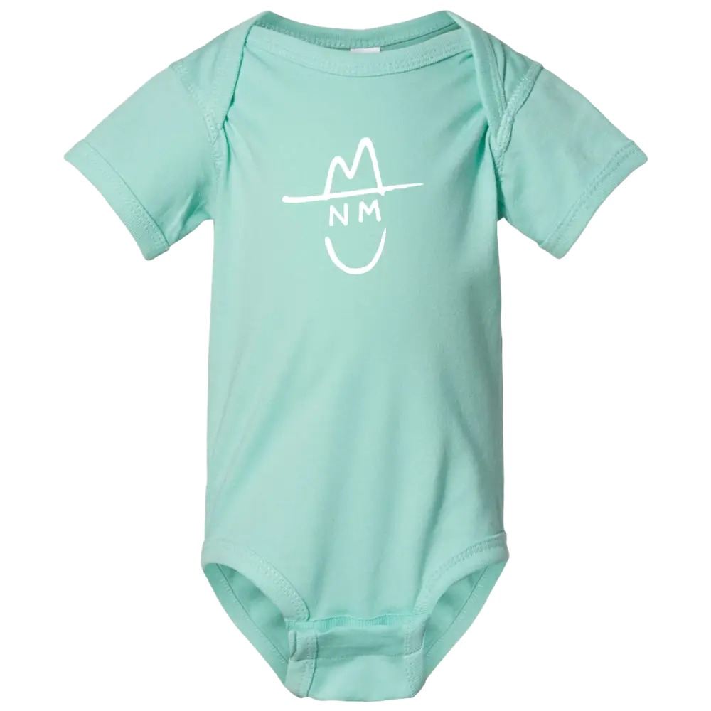 Mint green short-sleeved baby onesie with a white line-drawn hat and smiley face design featuring the letters ’nm’