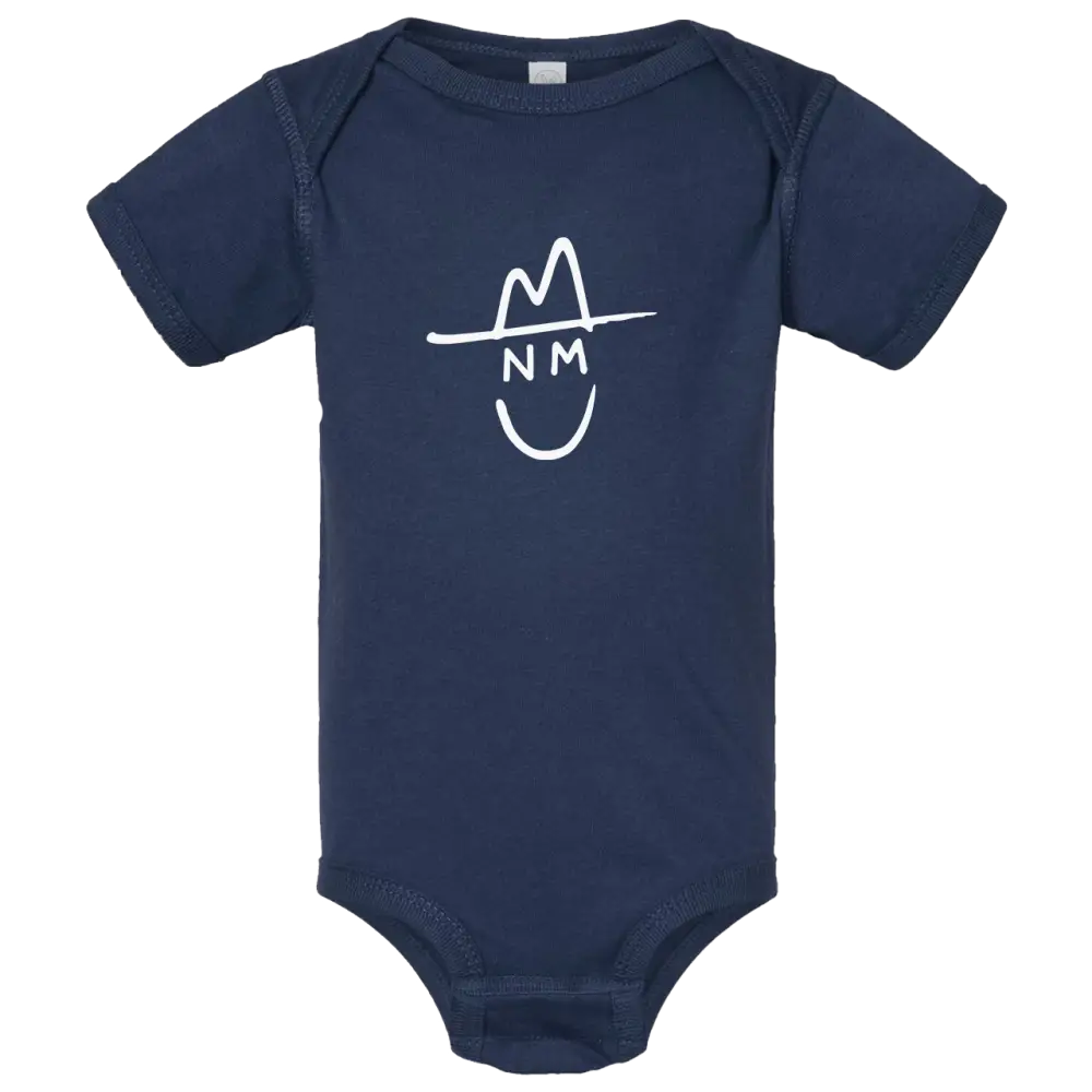 Navy blue baby onesie featuring a white line-drawn smiling face wearing a hat with ’nm’ initials.