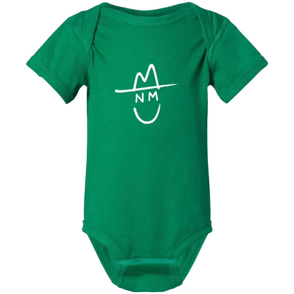 Green short-sleeved baby onesie with a white line-drawn smiling face wearing a hat and the letters ’nm’ below it.