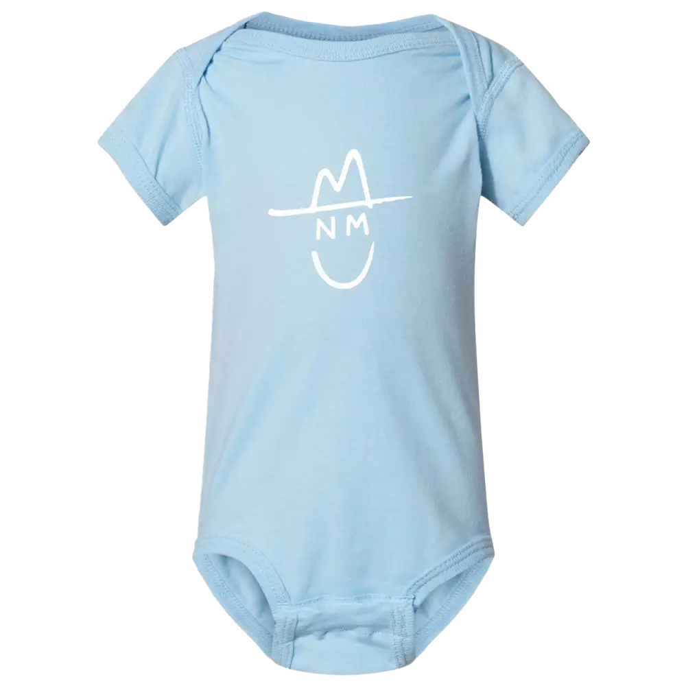 Light blue short-sleeved baby onesie with a white line-drawn smiling face wearing a hat and the letters ’nm’ below it.