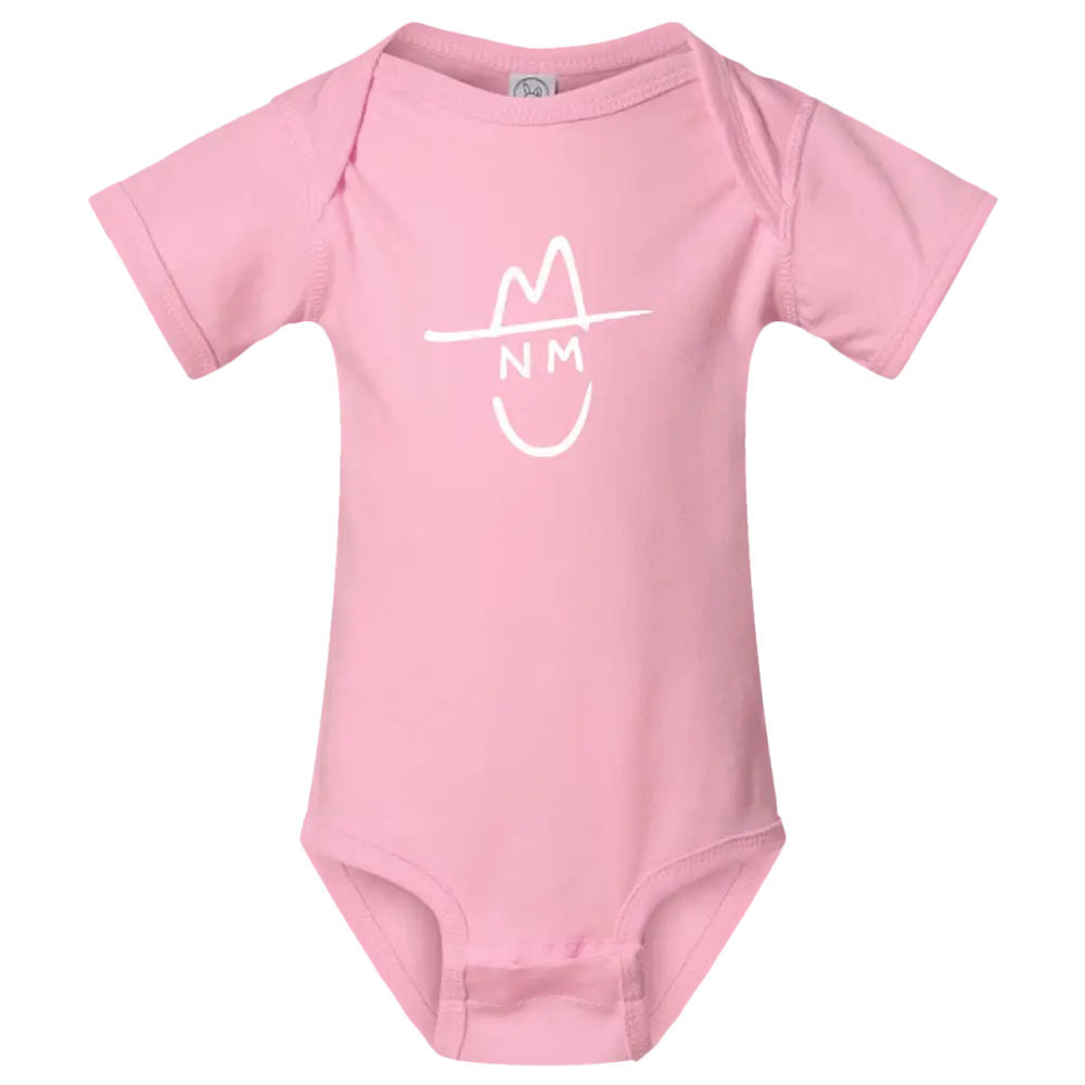 Pink short-sleeved baby onesie with a white line-drawn cowboy hat and smiley face design.
