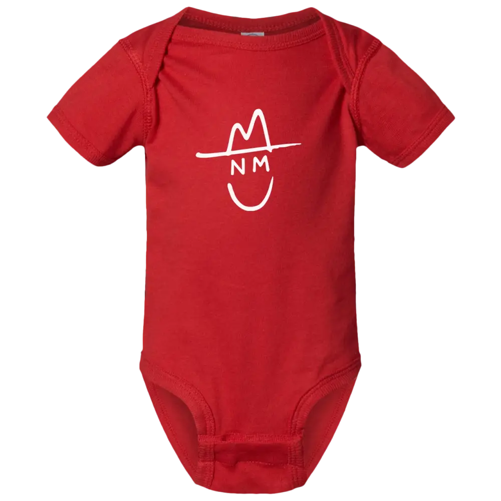 Red baby onesie with a white graphic of a smiling face wearing a hat and the letters ’nm’ below it.