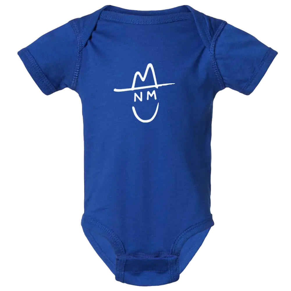 Royal blue short-sleeved baby onesie featuring a white minimalist graphic of a smiling face wearing a hat with ’nm’ written below.
