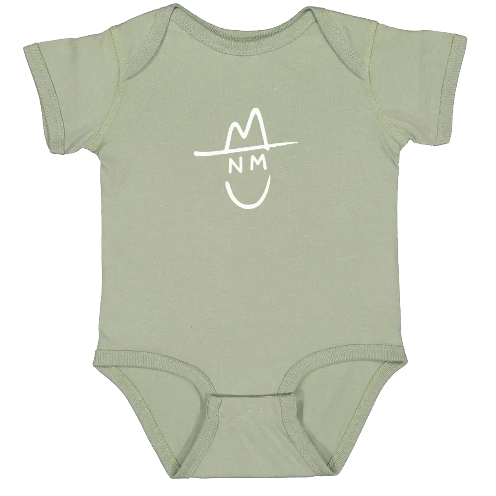 Mint green short-sleeved baby onesie with a white minimalist graphic of a hat and smiley face.