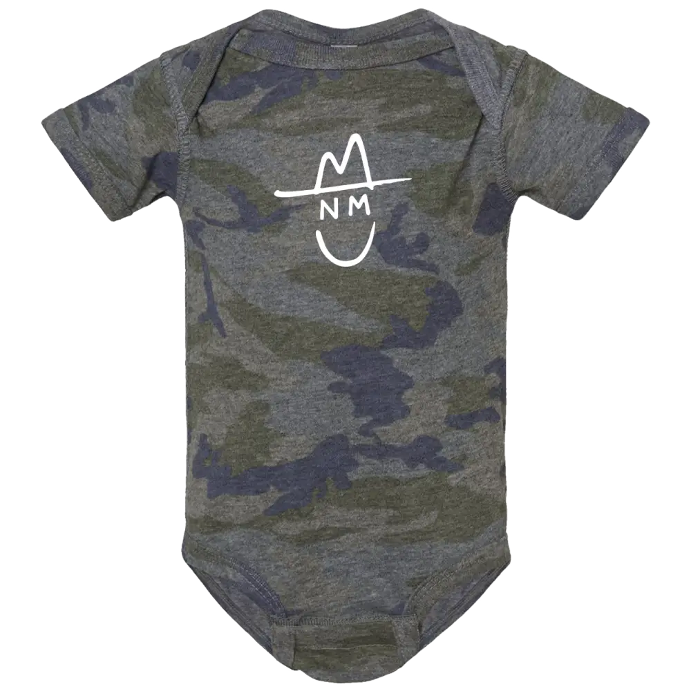A soft, heathered green and gray camouflage baby onesie featuring a white line-art graphic of a hat with ’nm’ initials and a smile.