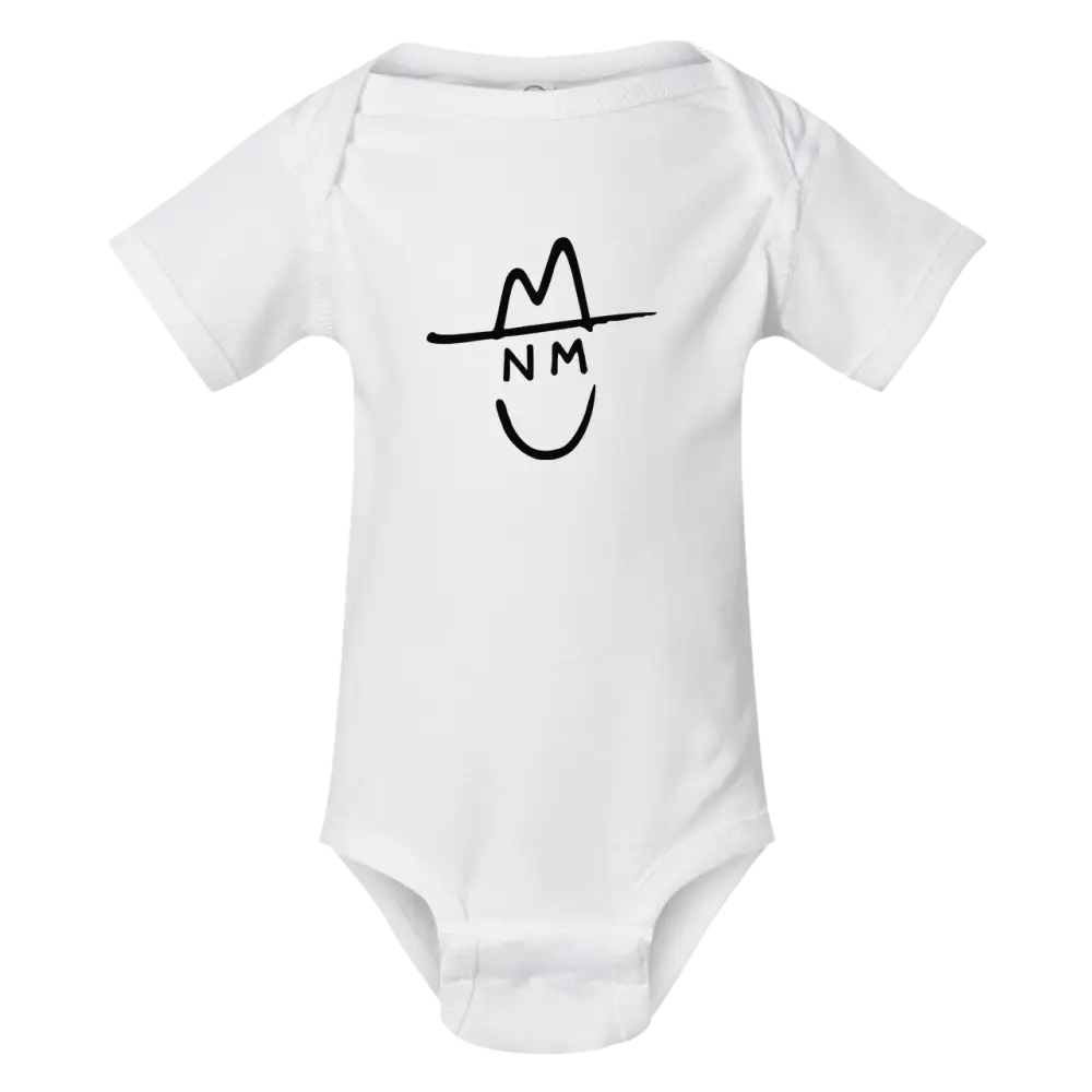 White baby onesie featuring a black line-drawn smiling face wearing a hat with ’nm’ written below it.