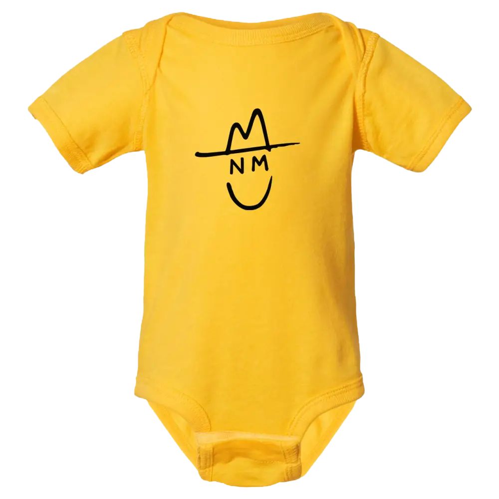 Bright yellow baby onesie featuring a simple black line drawing of a smiling face wearing a hat with the letters ’nm’ on its forehead.