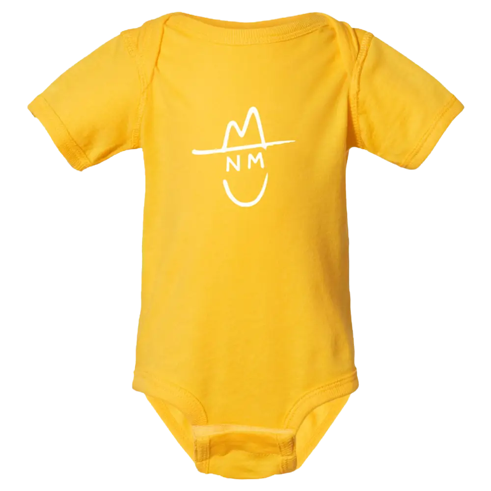 Bright yellow baby onesie featuring a white line-drawn smiling face wearing a hat with ’nm’ initials.