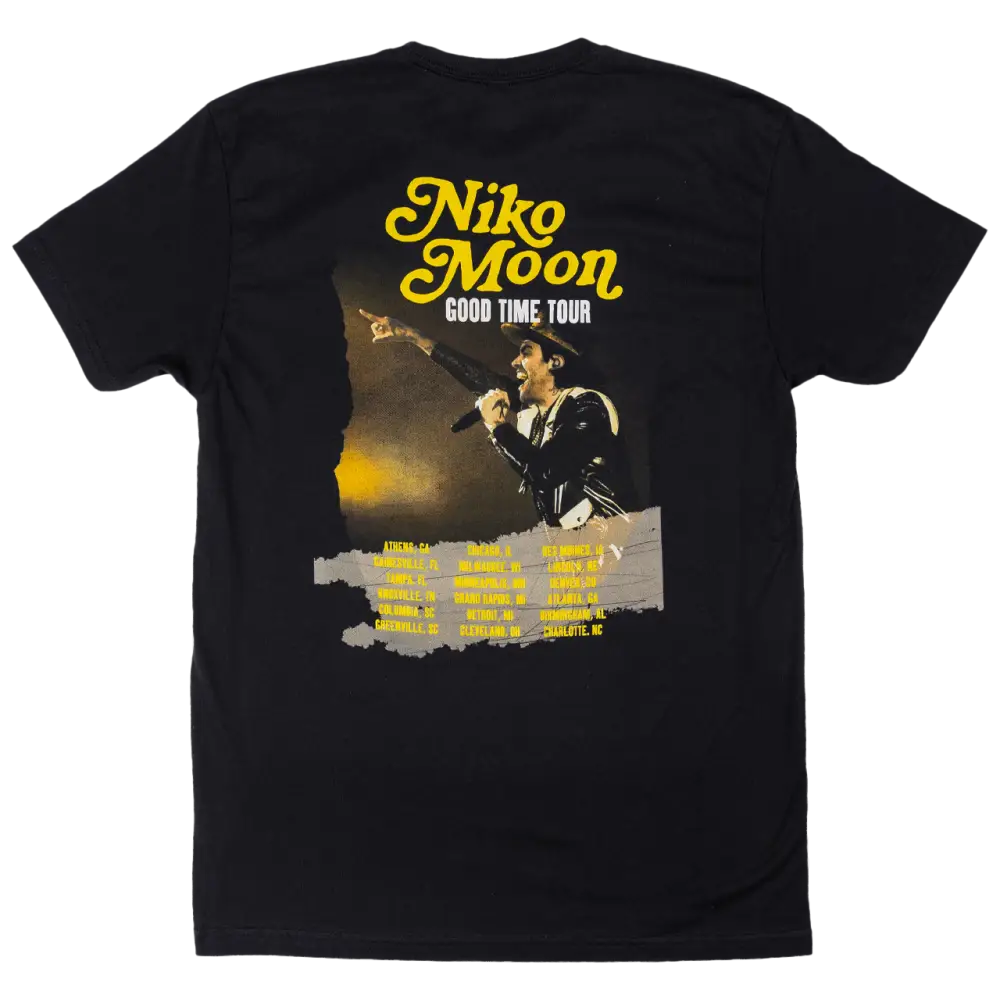 Black t-shirt with a retro-style concert graphic featuring a performer and yellow ’Niko Moon’ text.