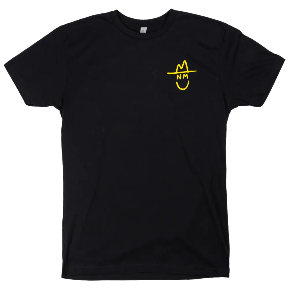 Black t-shirt with a small yellow smiley face design on the chest.