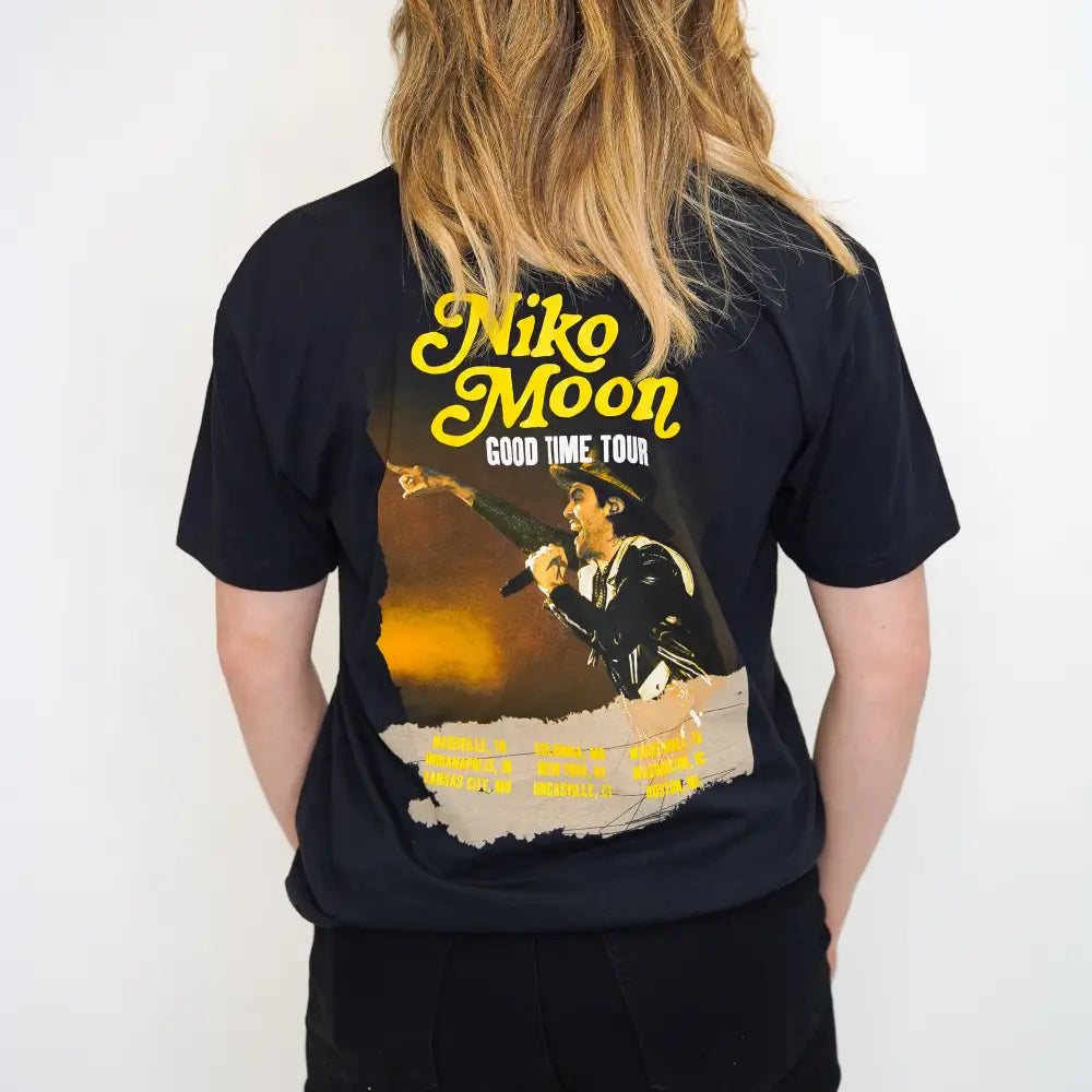 Black t-shirt with a ’Niko Moon Good Time Tour’ graphic design on the back.