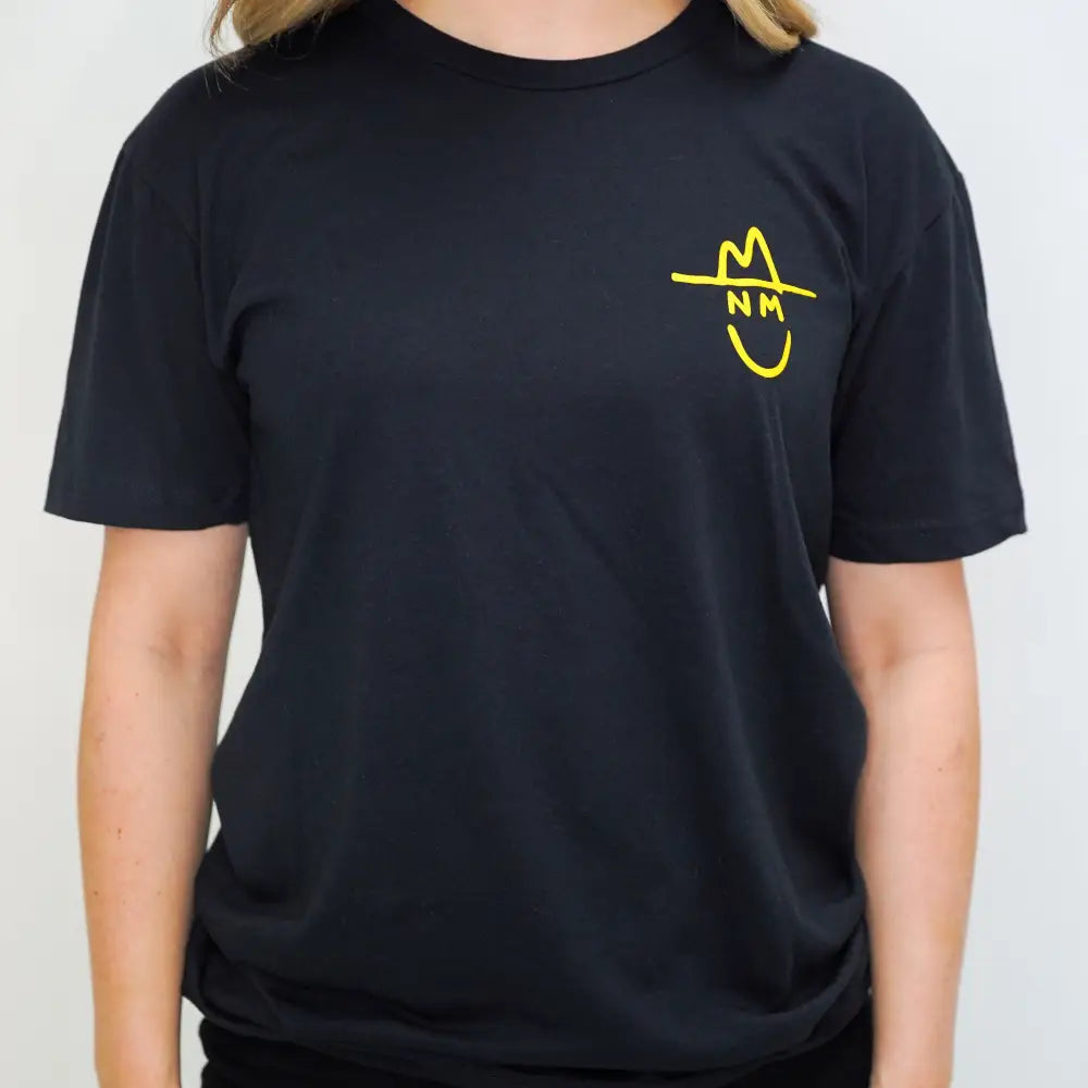 Black t-shirt with a small yellow logo on the chest.