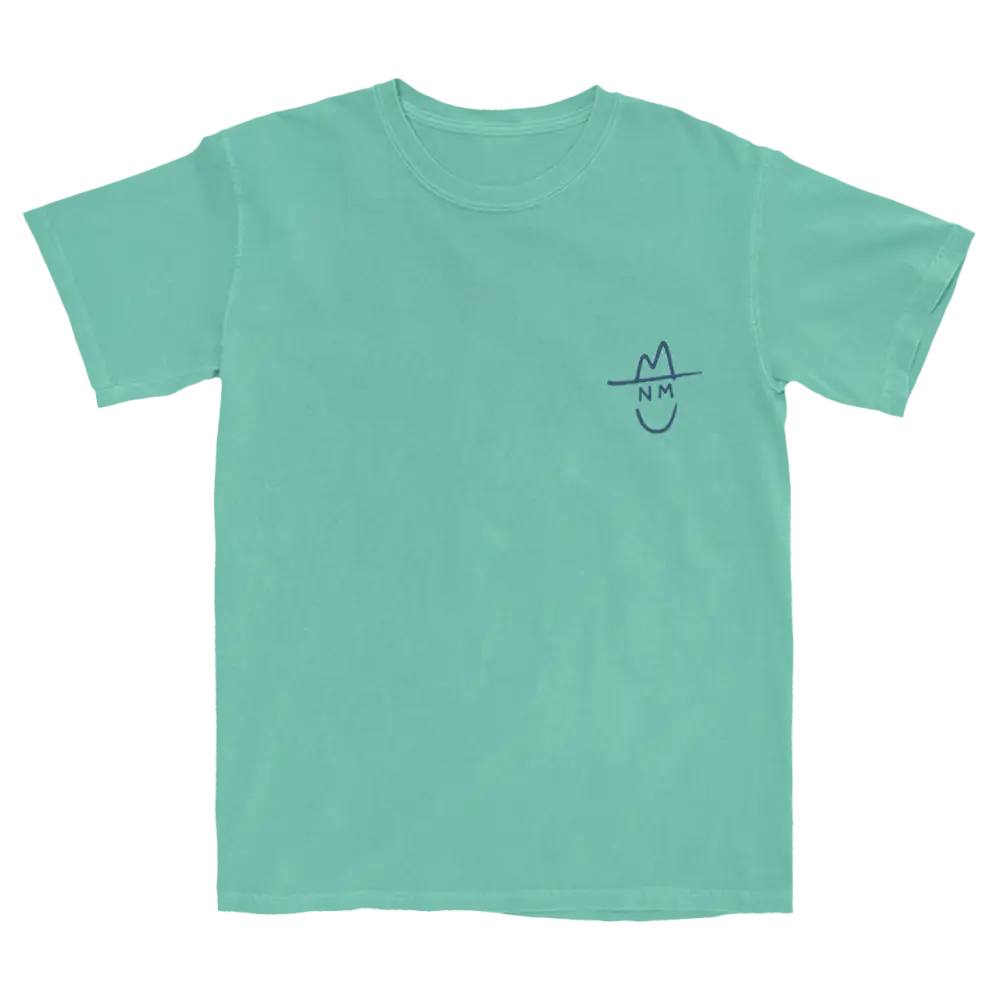 Mint green t-shirt with a small simple face design on the chest.