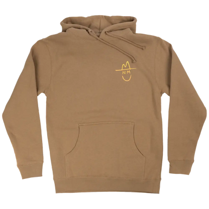Tan hoodie sweatshirt with a yellow smiley face logo on the chest.